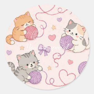 Pegatina Redonda Cute Kawaii Cat Love Yarn Pattern