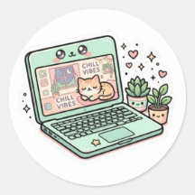 Cute Kawaii Chill Vibes Laptop Cat Potted PSticker