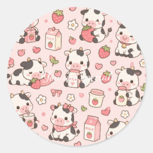 Pegatina Redonda Cute Kawaii Cow Strawberry Pattern   Pink Pastel 
