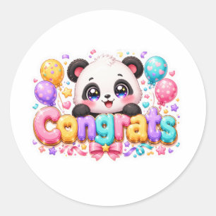 Pegatina Redonda Cute Kawaii Felicidades Panda Nombre Pastel Rosa G