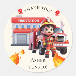 Pegatina Redonda Cute Kawaii Firefighter Boy Fire Truck Thank You