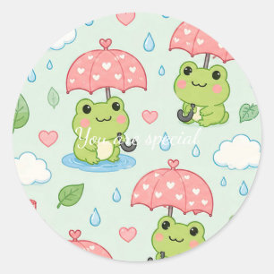Pegatina Redonda Cute Kawaii Frog Heart Umbrella Pattern