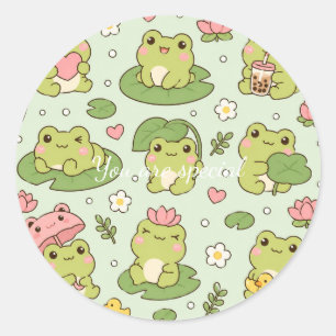 Pegatina Redonda Cute Kawaii Frog Lily Pad Pattern   Pastel Pond Ae