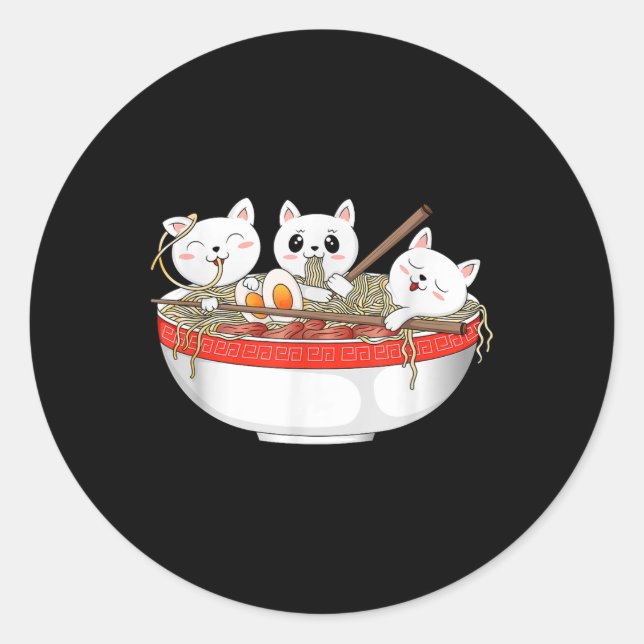 Pegatina Redonda Cute Kawaii Gatos Ramen Noodles Anime Gato Japonés (Anverso)