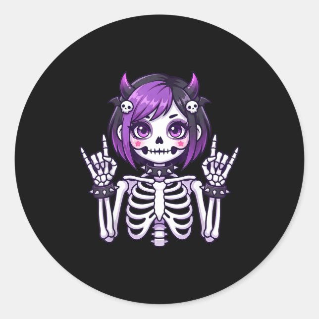 Pegatina Redonda Cute Kawaii Goth Girl Skeleton Punk-goth Alternati (Anverso)