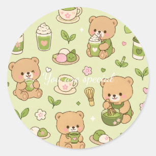 Pegatina Redonda Cute Kawaii Matcha Teddy Bear Pattern   Green Tea 