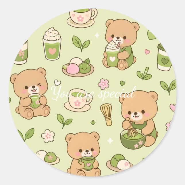 Pegatina Redonda Cute Kawaii Matcha Teddy Bear Pattern | Green Tea  (Anverso)