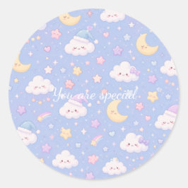 Pegatina Redonda Cute Kawaii Moon & Clouds Pattern | Dreamy Pastel 