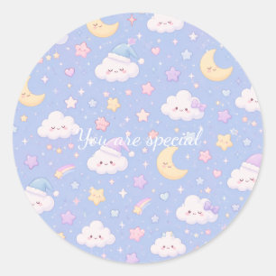 Pegatina Redonda Cute Kawaii Moon & Clouds Pattern   Dreamy Pastel 