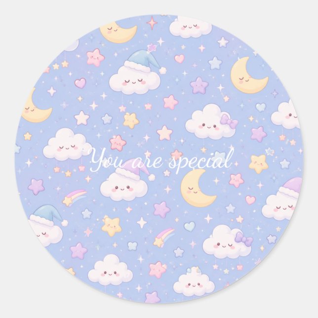 Pegatina Redonda Cute Kawaii Moon & Clouds Pattern | Dreamy Pastel  (Anverso)