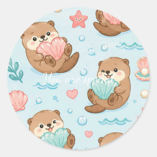 Pegatina Redonda Cute Kawaii Otter Heart Seashell Pattern