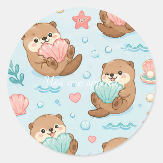 Pegatina Redonda Cute Kawaii Otter Heart Seashell Pattern