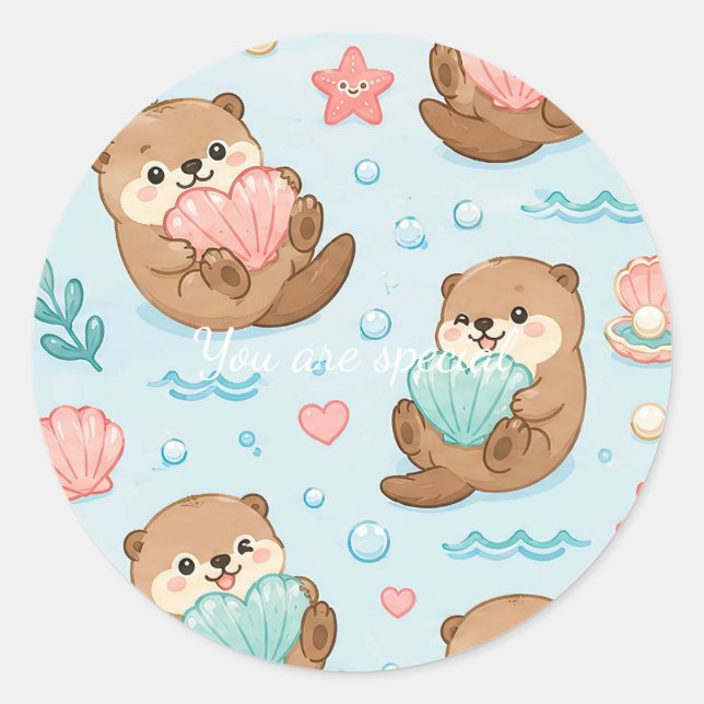 Pegatina Redonda Cute Kawaii Otter Heart Seashell Pattern (Anverso)