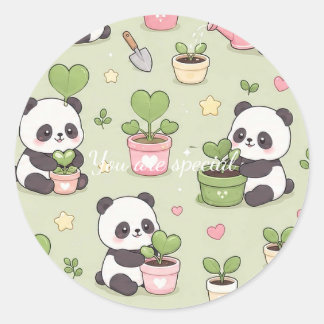 Pegatina Redonda Cute Kawaii Panda Heart Plant Pattern