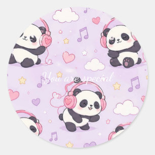 Pegatina Redonda Cute Kawaii Panda Love Music Pattern