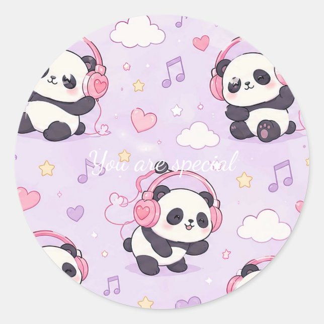 Pegatina Redonda Cute Kawaii Panda Love Music Pattern (Anverso)