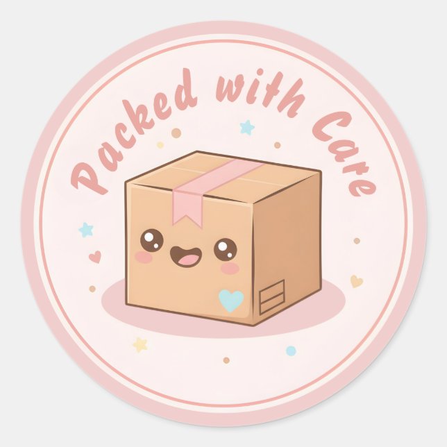 Pegatina Redonda Cute Kawaii Parcel "Packed with Care" Packaging (Anverso)
