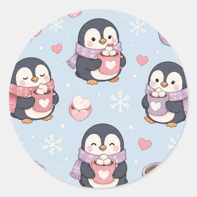 Pegatina Redonda Cute Kawaii Penguin Hot Cocoa Pattern (Anverso)
