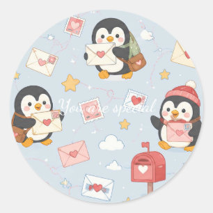 Pegatina Redonda Cute Kawaii Penguin Love Mail Pattern