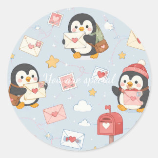 Pegatina Redonda Cute Kawaii Penguin Love Mail Pattern