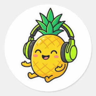 Pegatina Redonda Cute Kawaii Piña con Auriculares SuSticker