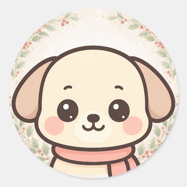 Pegatina Redonda Cute Kawaii Puppy Face Sticker (Anverso)