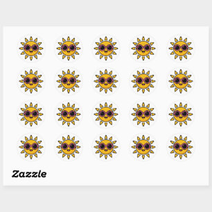 Pegatina Redonda Cute Kawaii Retro Sol con Gafas de Sol Rosas Veran