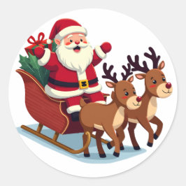 Pegatina Redonda Cute Kawaii Santa Claus Santa en Sleigh con Reind