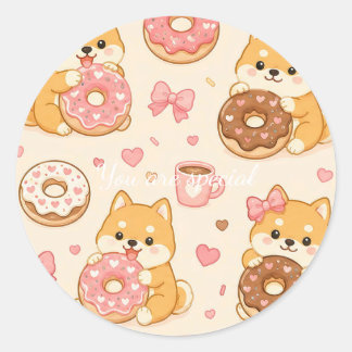 Pegatina Redonda Cute Kawaii Shiba Inu Donut Pattern