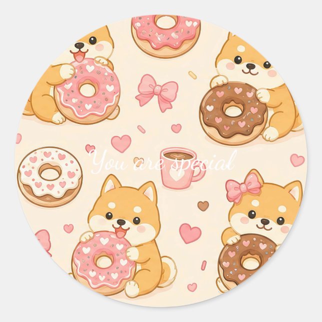 Pegatina Redonda Cute Kawaii Shiba Inu Donut Pattern (Anverso)