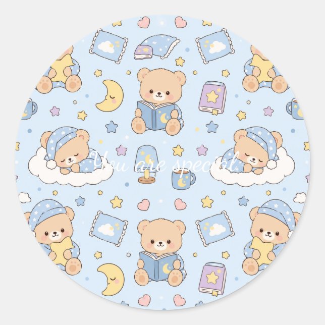 Pegatina Redonda Cute Kawaii Sleepy Teddy Bear Pattern | Pastel Bed (Anverso)