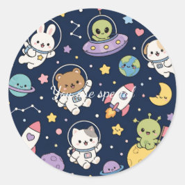 Pegatina Redonda Cute Kawaii Space Animals Pattern | Pastel Galaxy 