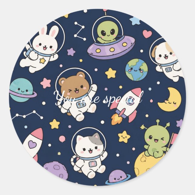 Pegatina Redonda Cute Kawaii Space Animals Pattern | Pastel Galaxy  (Anverso)