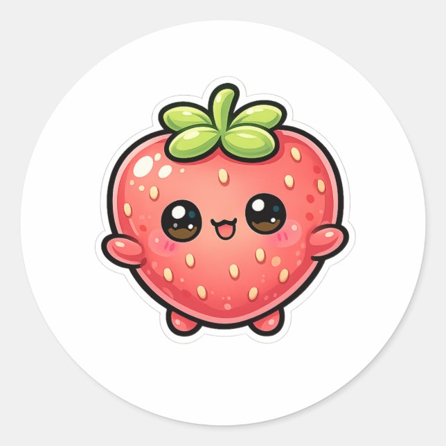 Pegatina Redonda Cute Kawaii Strawberry Character (Anverso)