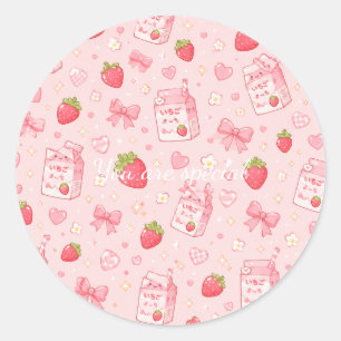 Pegatina Redonda Cute Kawaii Strawberry Pattern  Pink Past