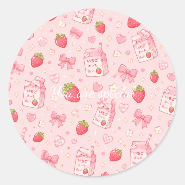 Pegatina Redonda Cute Kawaii Strawberry Pattern  Pink Past (Anverso)