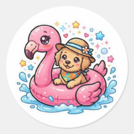 Pegatina Redonda Cute Kawaii Summer Perrito Flamingo Piscina Flotad