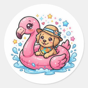 Pegatina Redonda Cute Kawaii Summer Perrito Flamingo Piscina Flotad