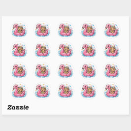 Pegatina Redonda Cute Kawaii Summer Perrito Flamingo Piscina Flotad