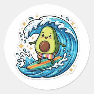Pegatina Redonda Cute Kawaii Surfing Aguacate Ola Oceánica SummStic