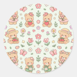 Pegatina Redonda Cute Kawaii Teddy Bear Flower Garden Pattern | Pas