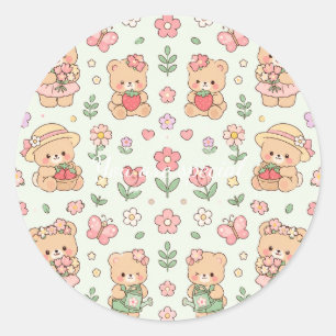 Pegatina Redonda Cute Kawaii Teddy Bear Flower Garden Pattern   Pas