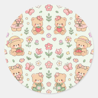 Pegatina Redonda Cute Kawaii Teddy Bear Flower Garden Pattern | Pas