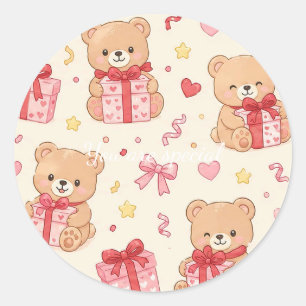 Pegatina Redonda Cute Kawaii Teddy Bear Heart Gift Pattern