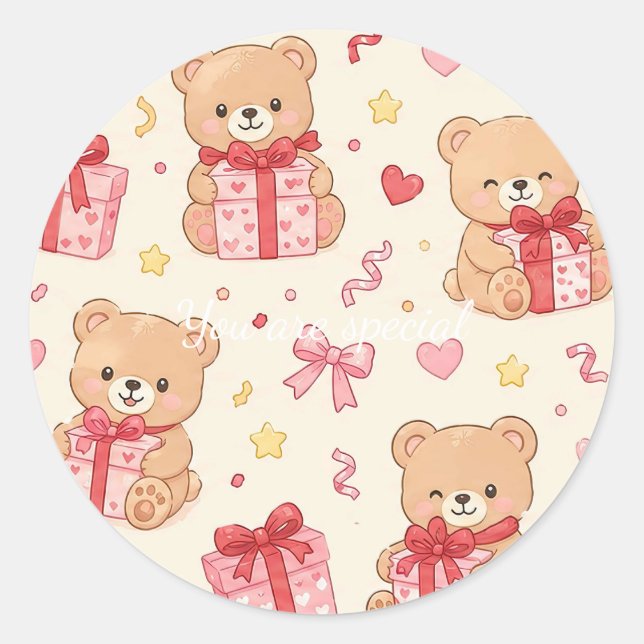 Pegatina Redonda Cute Kawaii Teddy Bear Heart Gift Pattern (Anverso)