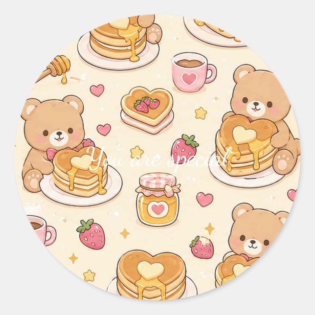Pegatina Redonda Cute Kawaii Teddy Bear Pancake Pattern (Anverso)
