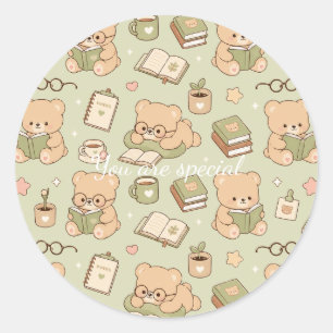 Pegatina Redonda Cute Kawaii Teddy Bear Study Pattern Cozy Readin