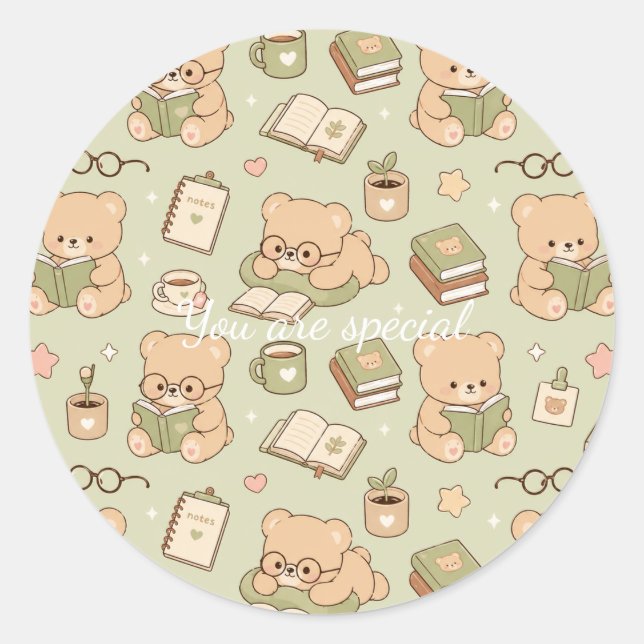 Pegatina Redonda Cute Kawaii Teddy Bear Study Pattern | Cozy Readin (Anverso)