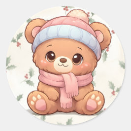 Pegatina Redonda Cute Kawaii Teddy Bear Winter Sticker