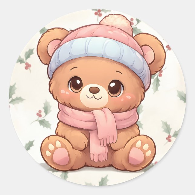 Pegatina Redonda Cute Kawaii Teddy Bear Winter Sticker (Anverso)